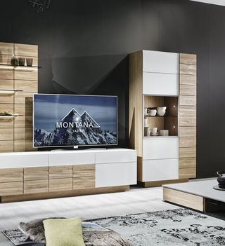 Dunkles Sofa und Teppisch vor Holzwohnwand mit grauem Hängeelement und Fernseher