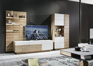 Dunkles Sofa und Teppisch vor Holzwohnwand mit grauem Hängeelement und Fernseher