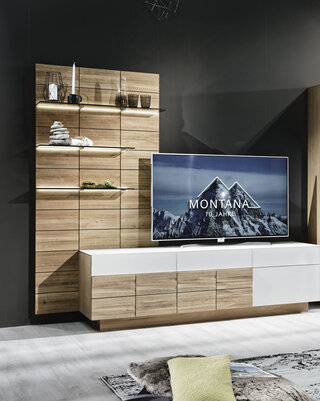 Dunkles Sofa und Teppisch vor Holzwohnwand mit grauem Hängeelement und Fernseher